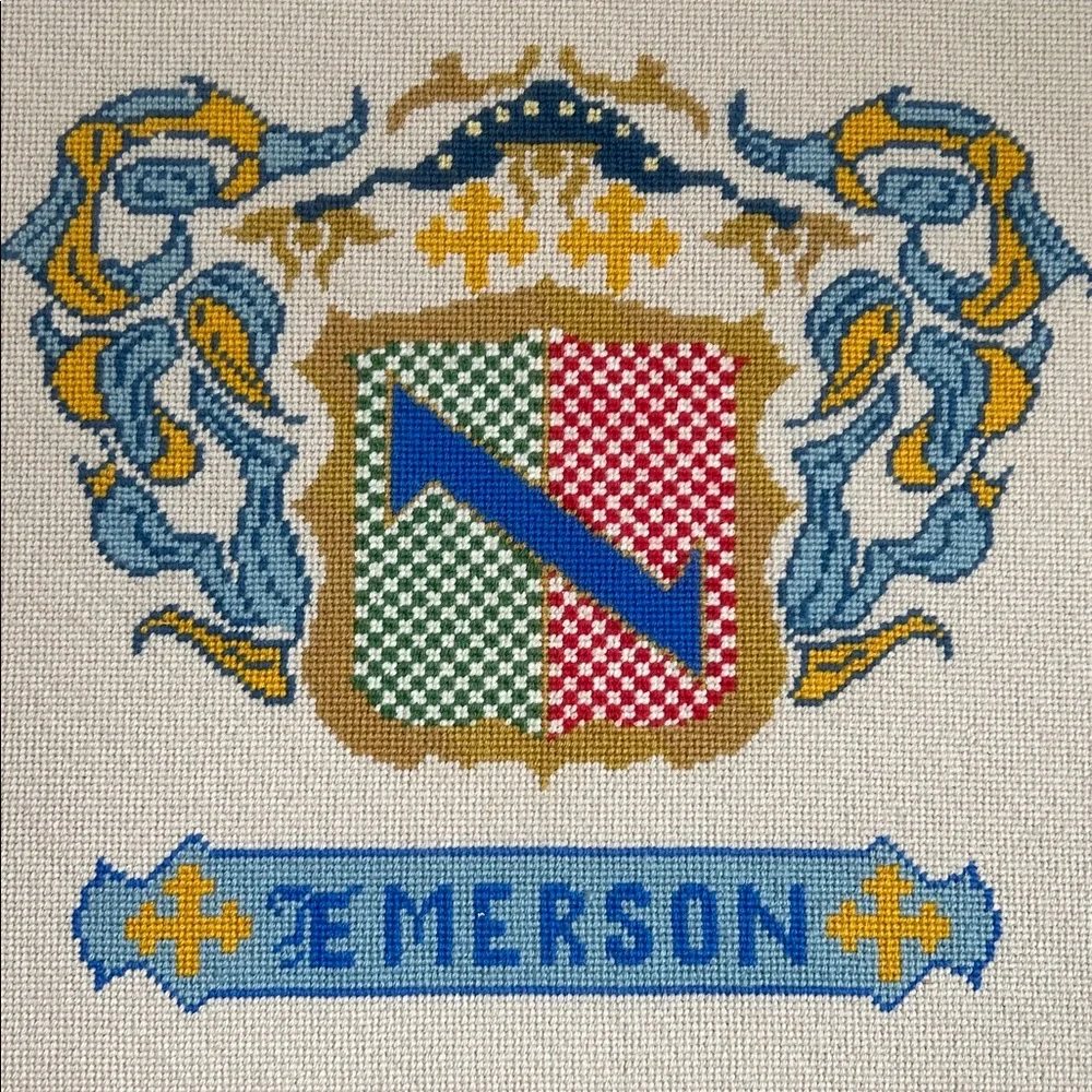 Stunning Emerson Crest Cross Stitch Professionally Framed 20.5” W x 18.5” Tall